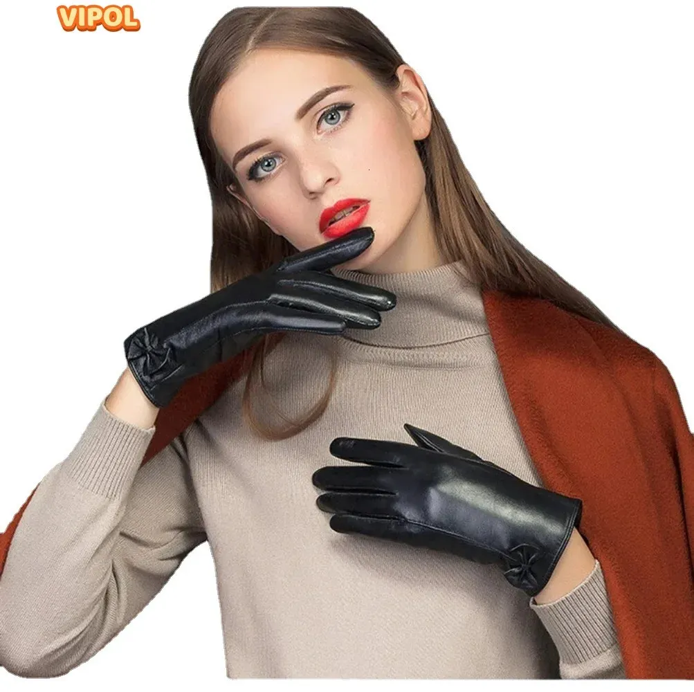 Перчатки Five Fingers Перчатки из натуральной кожи женские зимние плюшевые овчины для езды на велосипеде и вождения, теплые, морозостойкие, ветроустойчивые, черные 231118