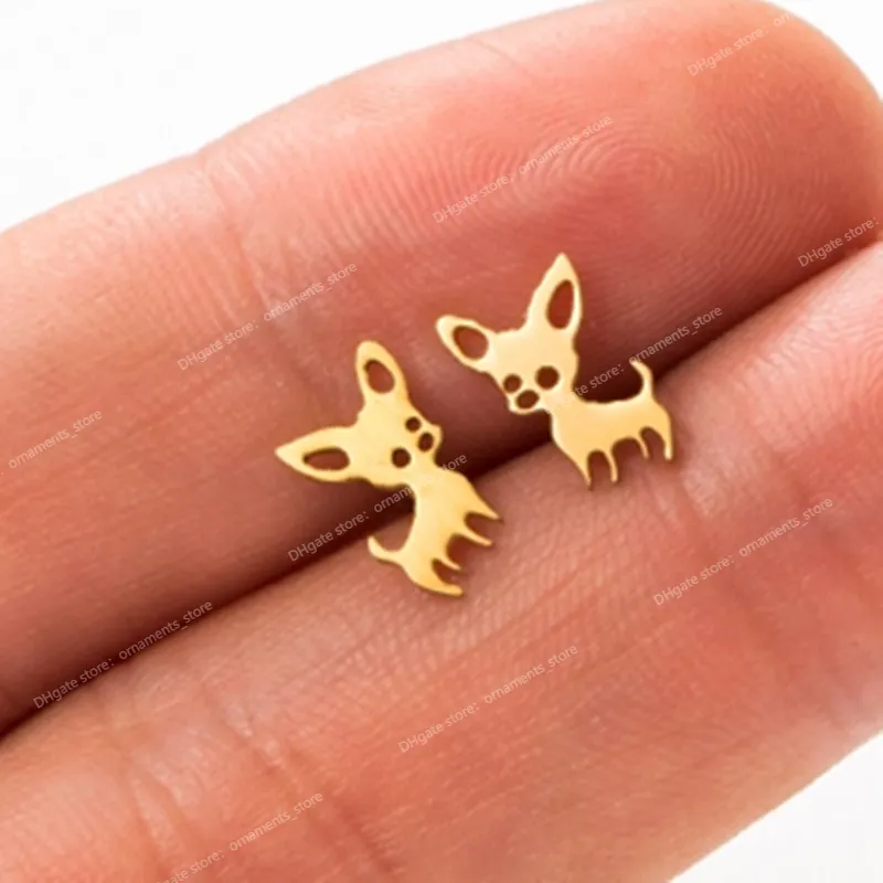 Mini Chihuahua Stud Earrings For Women Cute Stainless Steel Golden Animal Dog Ear Studs Fashion Earring Jewelry Accessories New EarringsStud Earrings Jewelry