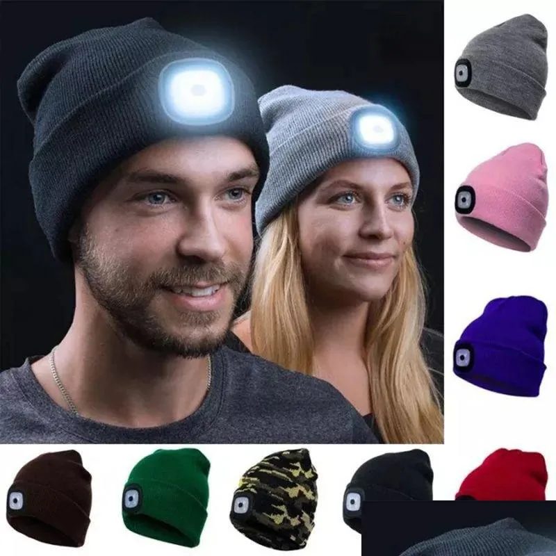 Bonnet / Skull Caps LED Chapeaux tricotés Pêche en plein air Courir Chapeau lumineux Casquette d'escalade Cadeau de Noël Drop Livraison Mode Ac Dhgarden Dhgbf