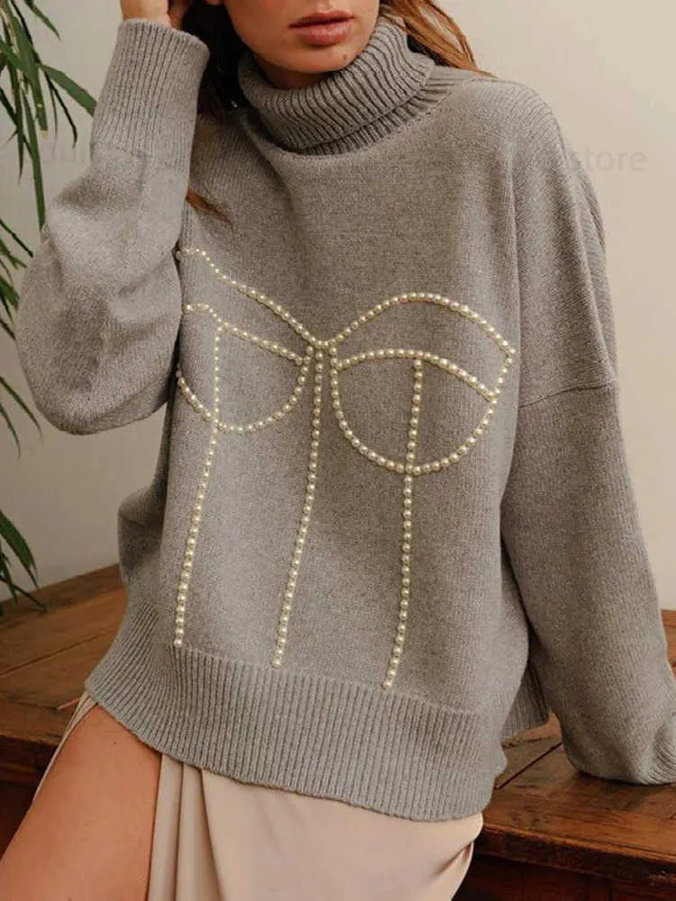 Women's Sweaters Beading Pearl Turtleneck Sweaters Women Autumn Warm Gentle White Long Sleeve Female Knit Pullover Chic Loose Casual Lady Tops T231118