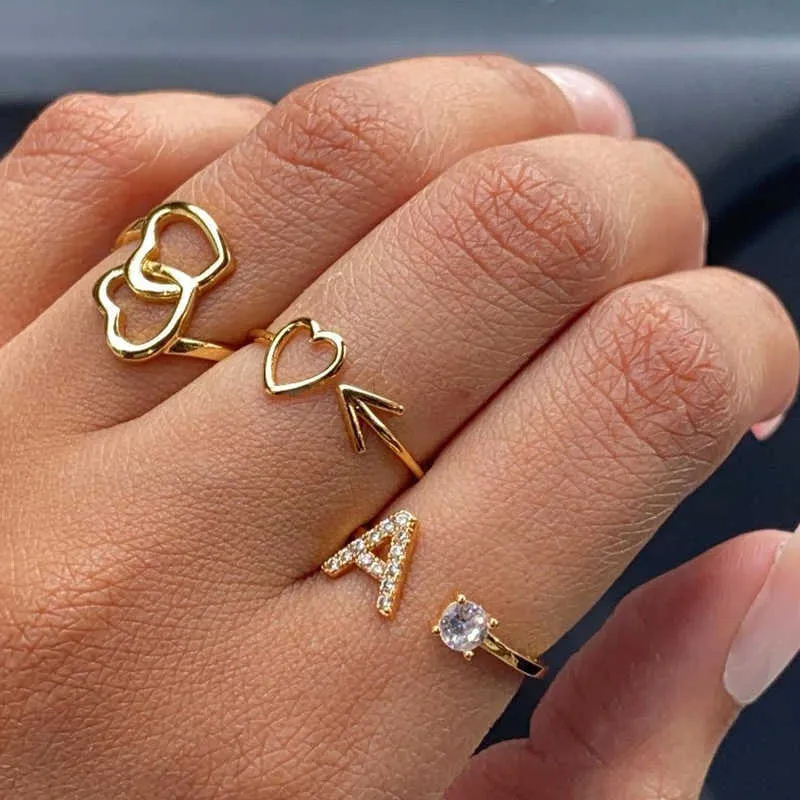 Bandringar Inledande ringar för kvinnor AZ Letter Zircon Justerbar ring Vintage Gold Color Ring 2022 Trendiga bröllop smycken gåva Anillos Mujer AA230417