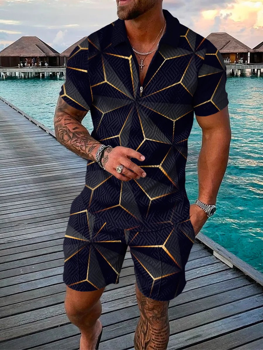 Herrspårar för män Polo Summer Summer Fashion Men set Tryckt kort ärm blixtlås Polo skjorta shorts uppsättning för män casual streetwear 2-stycken 230418