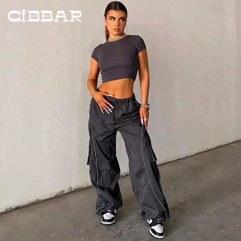 Women's Pants Capris CIBBAR Sporty Baggy Low Waisted Trousers Casual Patchwork Pockets Drawstring Cargo Pants Female Jogger Fashion Grey Sweatpants 230418