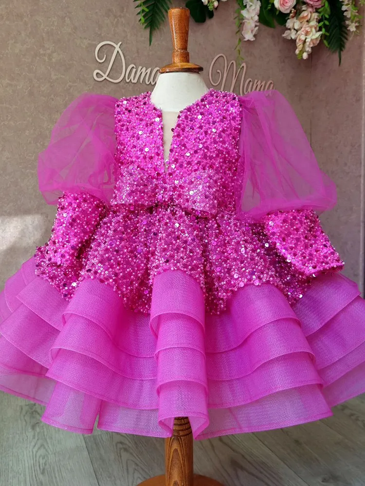 Bling bollklänning Flower Girls Dresses For Weddings Sequined Long Sleeve Appliced ​​Boho Kids Birthday First Holy Communion Dress Tutu Vintage Party Pageant Gowns