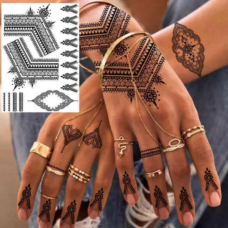 NXY tatouage temporaire Rejaski noir henné dentelle tatouages autocollant pour femmes papillon papillon Mehndi fleur faux tatouage plume flore 03303062134