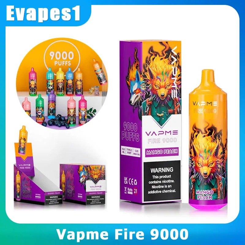 Original VAPME Fire 9000 Puffs Disposable Vape 18ML profilled Pen Pods E Cigarette 0/2/3/5% Nic With 850mAh 18 flavors Rechargeable Battery Mesh Coil VS ELFWORLD ZOOY BAR