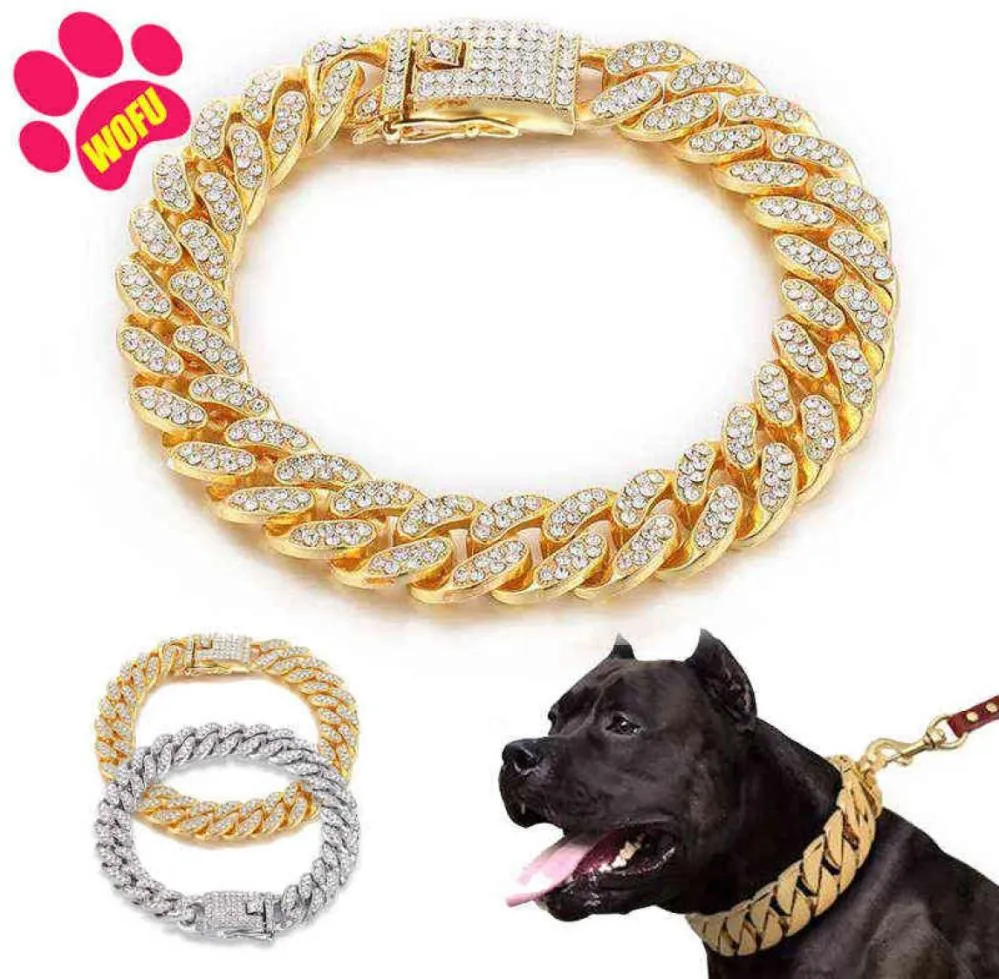 WOFUWOFU Collari per cani in oro con diamanti Collare per animali in acciaio inossidabile Guinzaglio Catena in metallo Collare per cani di grandi dimensioni in cristallo di lusso Pitbull in pelle H1123587191