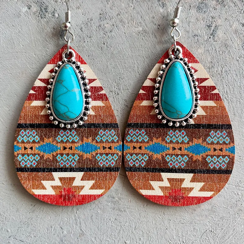 Bohemian Wood Turquoise Teardrop Dangle Earrings For Women Pine Stone Pendant Earrings Western Embossed Pattern Wood Drop Earrings