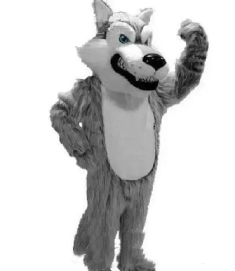 Novo traje de mascote de lobo cinza de cabelo longo