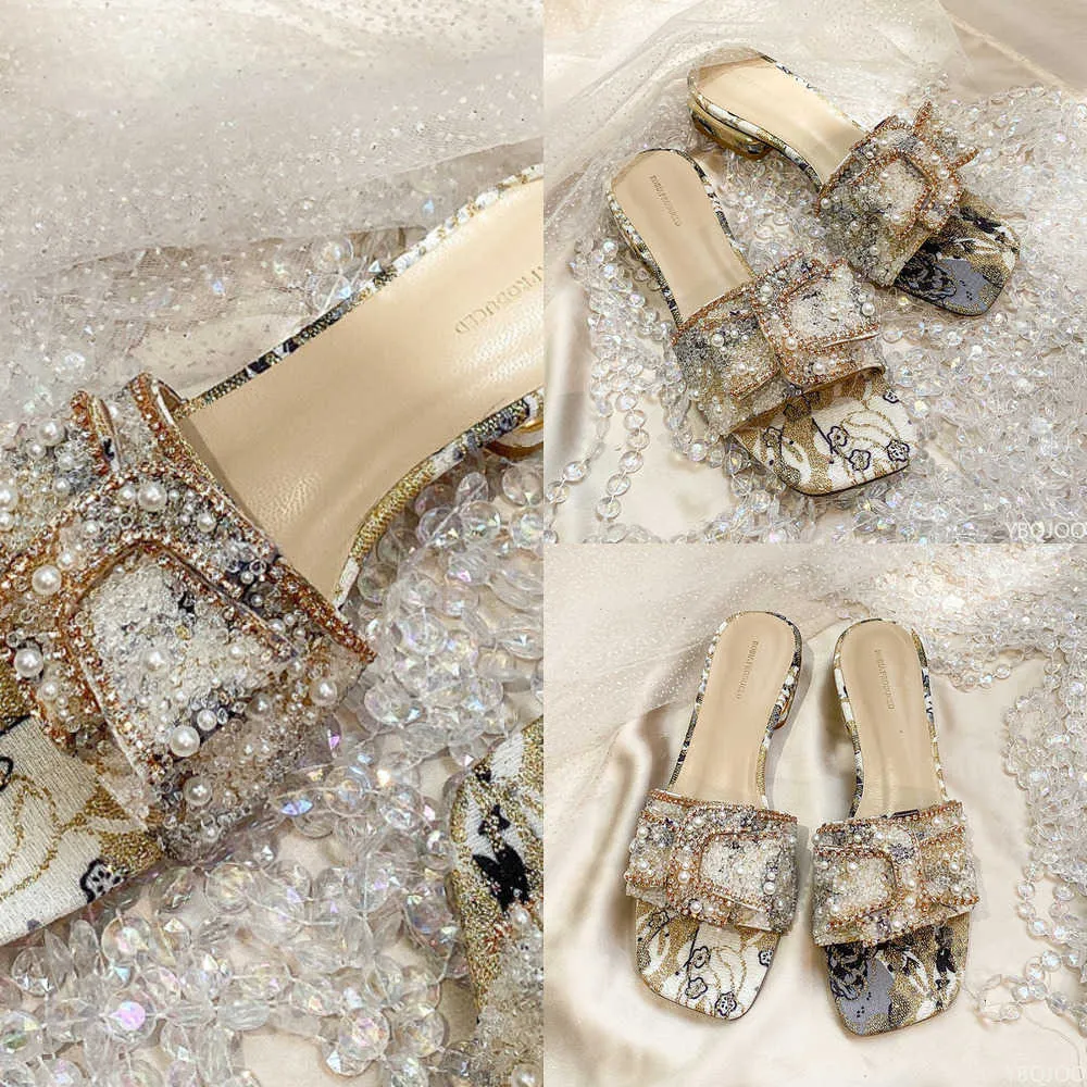 Sandali 2023 New Chunky Heel Fashion Flat Ladies Pantofole con strass Scarpe da donna Comfort Summer Peep Toe Shoes 230322