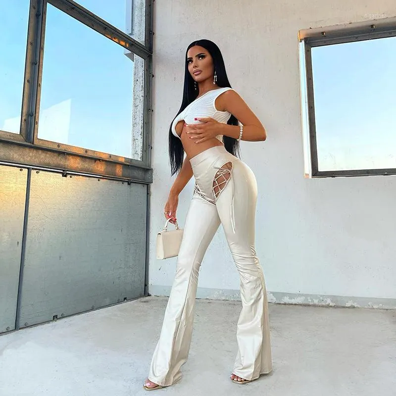 Women's Pants Women High Waist Faux Leather Flare Sexy Thigh Lace Up Hollow Out PU Trousers Ladies Dance Pole White Clubwear