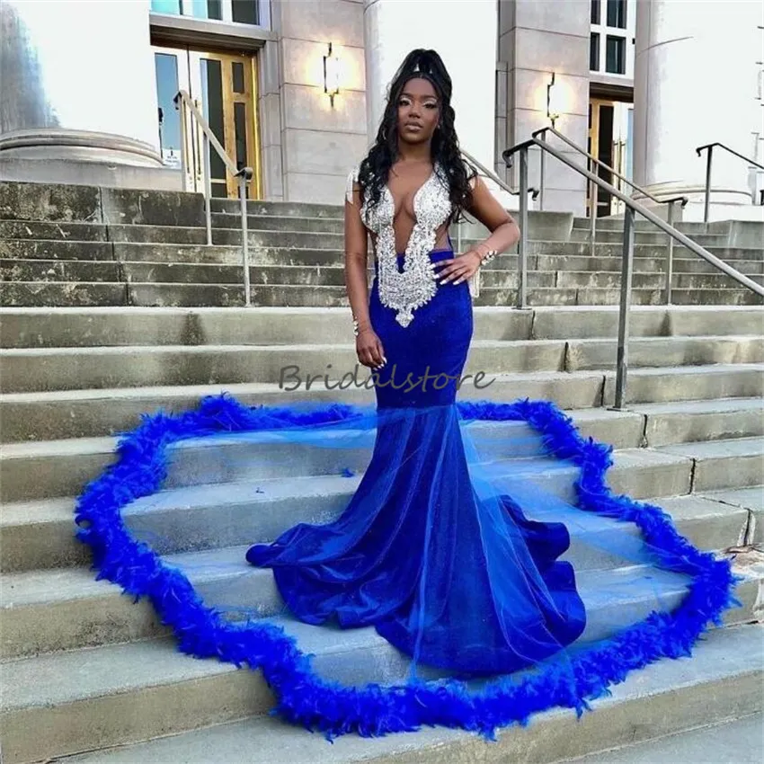 Luxury Royal Blue Feather Mermaid Blue Mermaid Prom Dress With Beaded ...