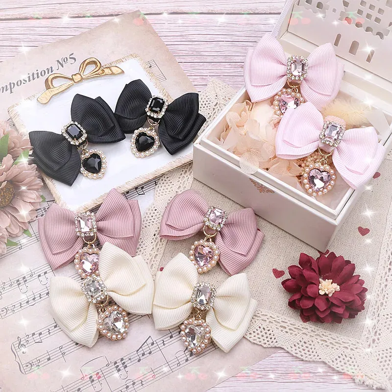 ルミニョン tweed ribbon hair clip ヘアクリップ ピンク Rhinestone Hairclip Side Clip for Women Girls, Japanese Style