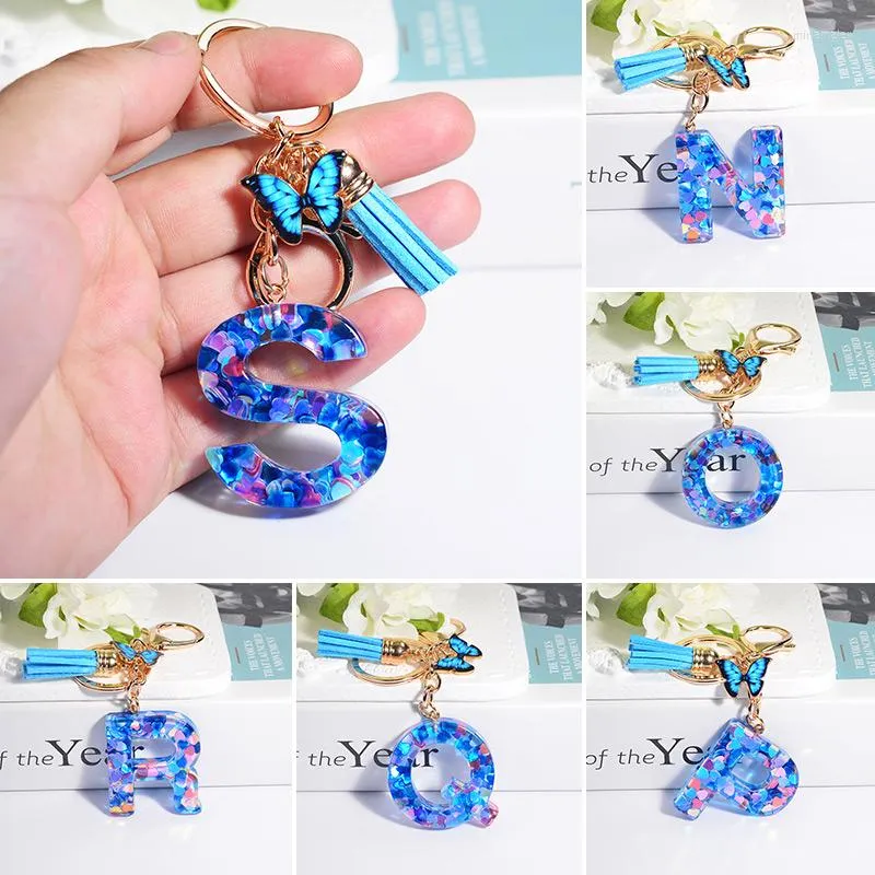 Porte-clés résine A-Z lettre porte-clés femmes bleu Sequin Alphabet porte-clés chaînes avec gland mignon pendentif chaîne anneaux sac à breloques
