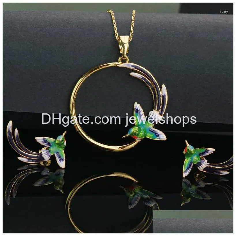 Ohrringe Halskette Retro Emaille Schmuck Farbe glasiert Kolibri Set Exquisite Vintage für Frau Trendearrings Drop Delivery Sets Dhd5V