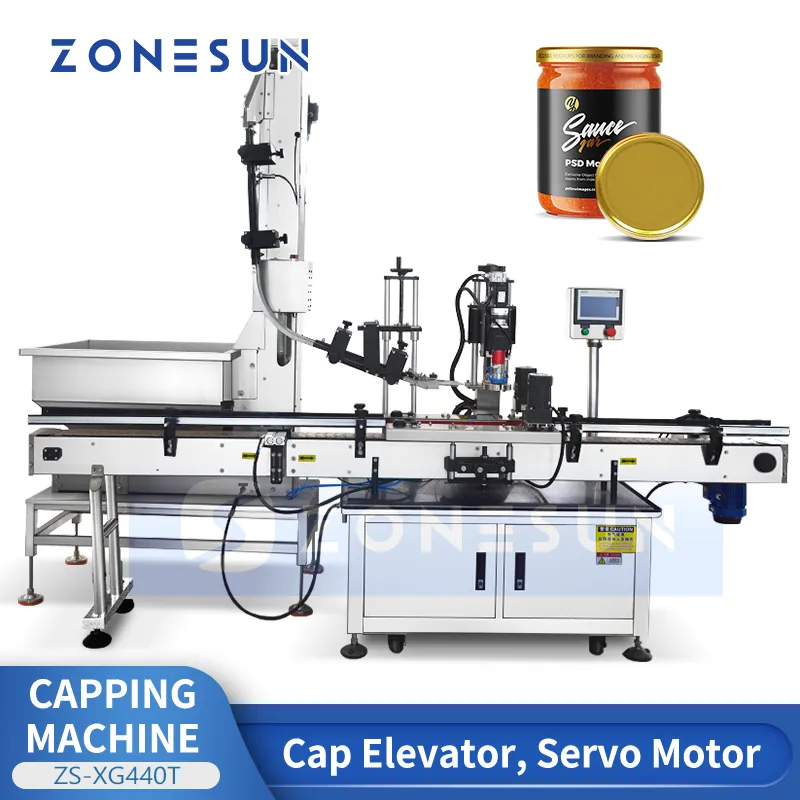ZONESUN ZS-XG440T Automatic Sealing Machine Twist Off Cap Sealer Ketchup Pasta Chili Sauce Glass Jar Capping Machine Elevator Servo Motor Gripper