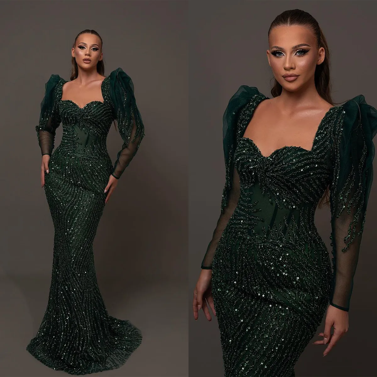 Robe de soirée sirène de luxe, manches longues, paillettes, Illusion de bal, manches longues, robes de soirée