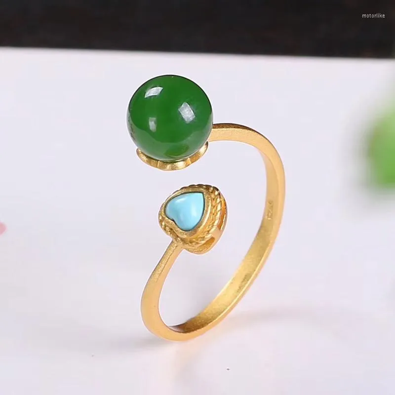 Cluster Ringe Jadery Mode natürlicher Jaspis Jade Türkis Edelstein Ring 18 Karat Gold Sterling Silber 925 Frauen Hochzeitsschmuck