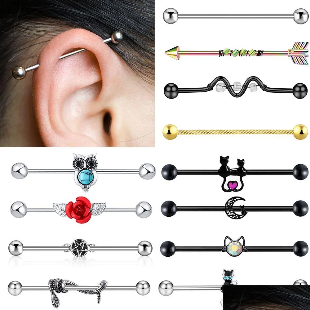 Spine Tunnel 1Pc 14 Acciaio Industriale Bilanciere Anello Orecchio Dritto Stud Cartilagine Orecchino Helix Body Piercing Gioielli 14G Dro Dhgarden Otab3