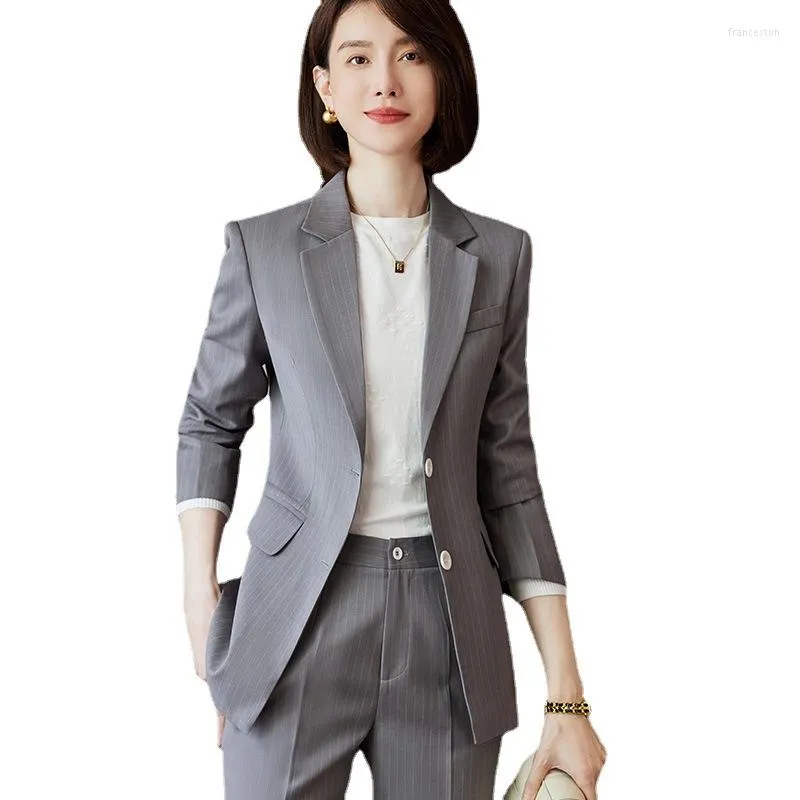 Kvinnors tvåbitar byxor 2023 Autumn Spring Gray Blue Striped Elegant Ladies Suits Formal Set och Blazer Uniform Business Women Office Work