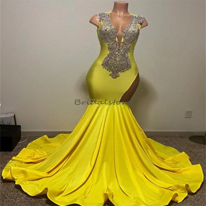 2023 Plus Size Yellow Black Mermaid Yellow Mermaid Prom Dress With