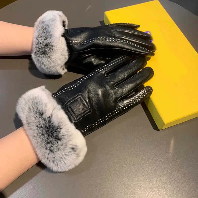 Women Designer Mitten Sheepskin Gloves Winter Luxury Rabbit fur Mittens Fingers Glove f Cashmere Inside Plus velvet Touch Screen 2311189Z