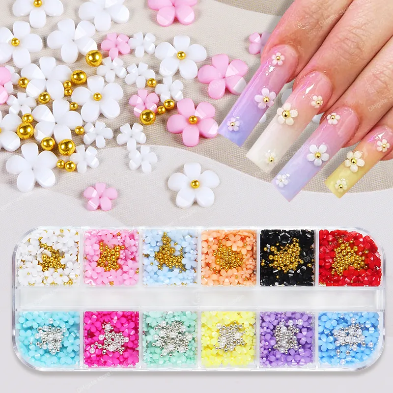 12 rutnät 3D akrylblomma nageldelar dekoration blandade stålpärlor ädelstenar charms kawaii nageltillförsel för professionella tillbehör nagel artrhinestones dekorationer