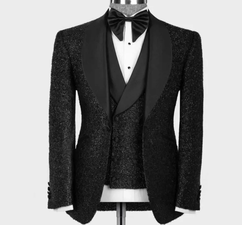 Dernières conceptions de pantalon de manteau de smoking de mariage mode hommes noirs brillants costumes pour le marié porter Slim Fit Terno Masculino fête de bal 3 pièces7831470