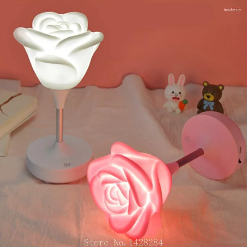 Night Lights Creative Rose Flower Silicone Lamp USB Laddning Pat Light Three-Speed ​​Touch Led Romantic Atmosphere Gift