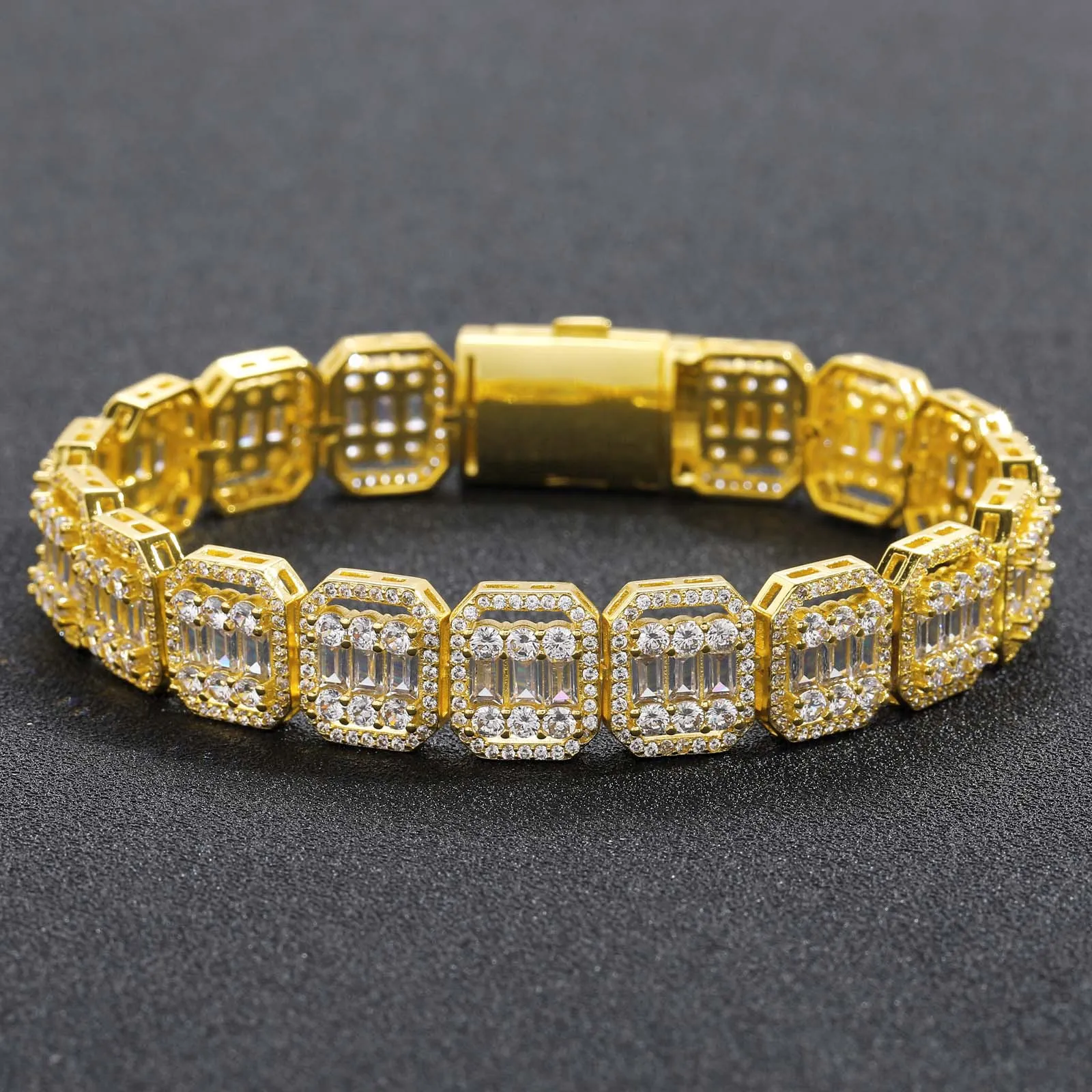 13mm 7/8inch Men Bracelet Chains Link 18K Gold Plated Bling CZ Baguatte Bracelets Men Hip Hop Iced Out Punk Jewelry