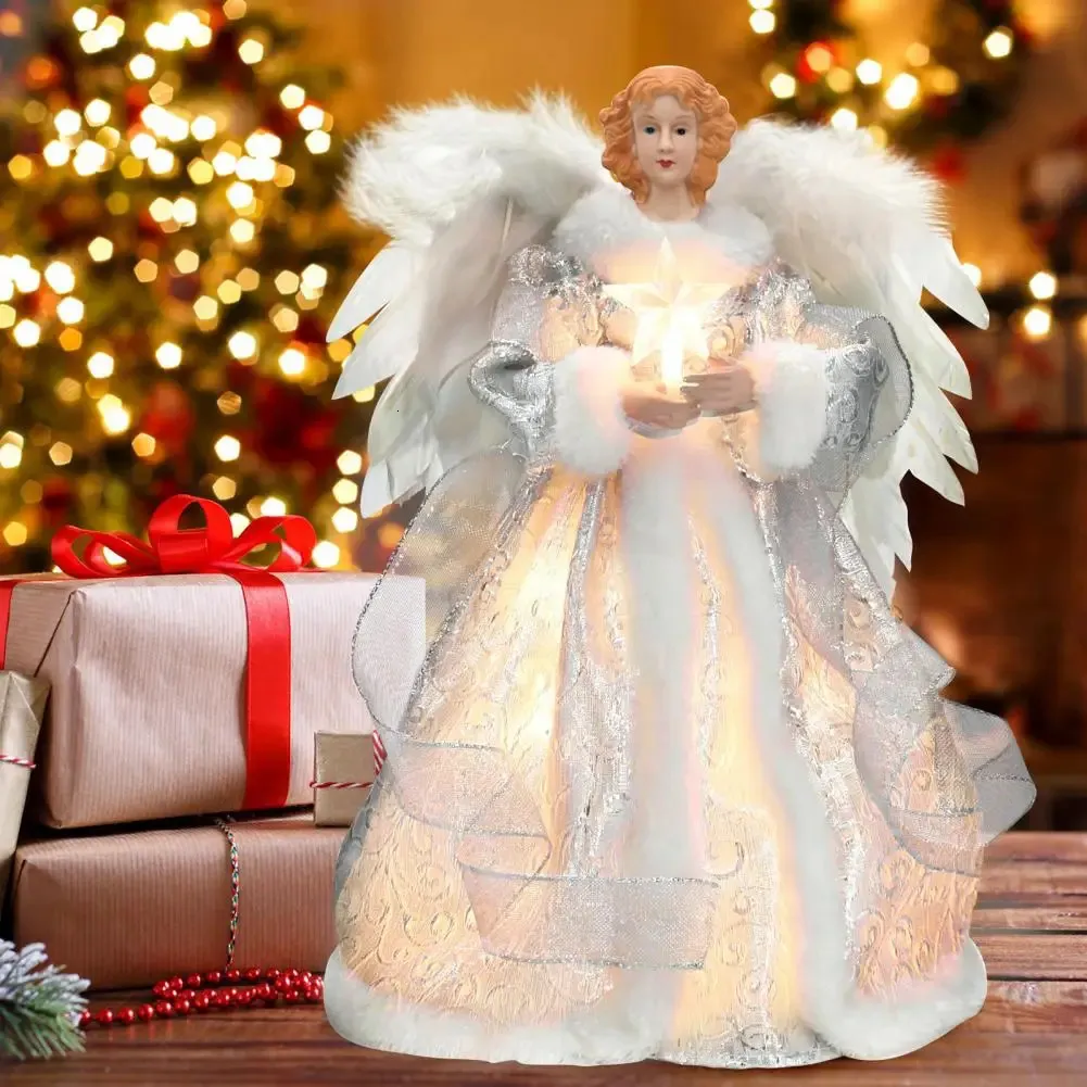 Juldekorationer Jul Angel Tree Topper Lätt Tree Topper Christmas Angel Topper Illumined Feather Decor för Tree Year Party 231117