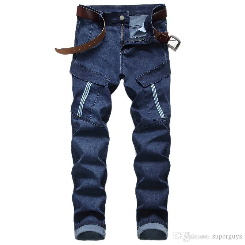 Neue Männer Jeans Modedesigner Multi Taschen Gerade Stretch Hip Hop Denim Männer Streetwear Hosen Größe 29 ~ 42