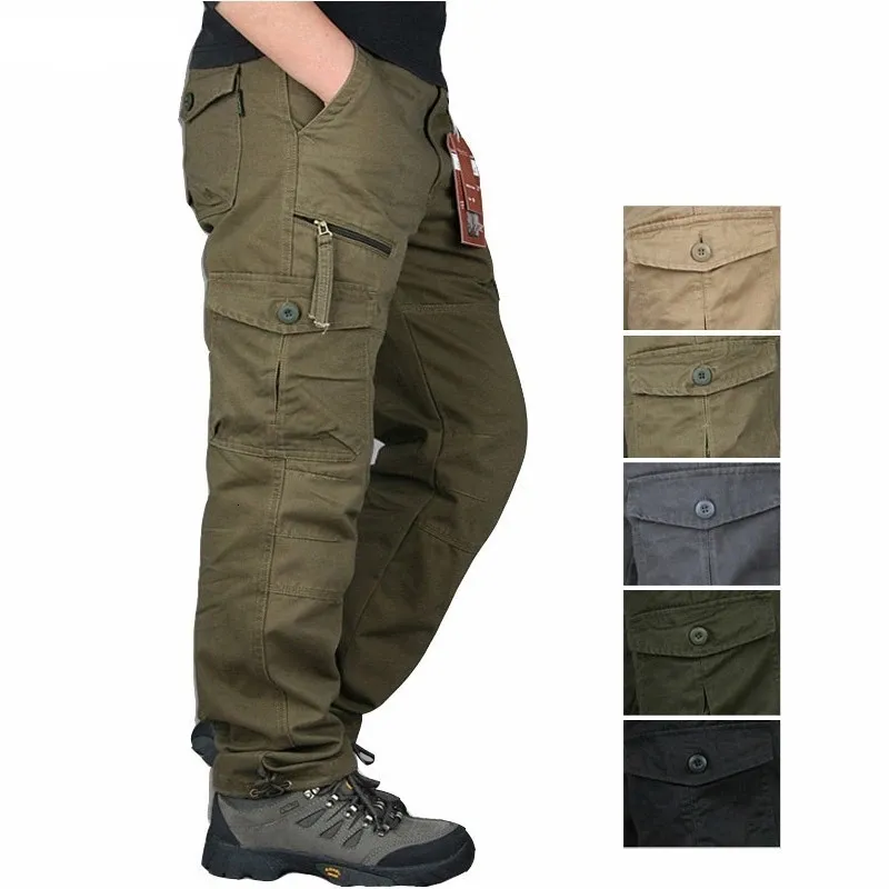 Calça masculina calça de carga masculina macacão de vários bolsos de vários bolsos masculinos algodão solto calça calças do exército trabalho de trabalho reto 230418