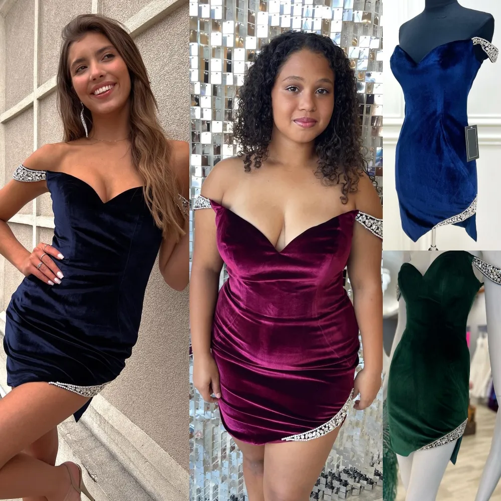 Krótki koktajl nye sukienka 2023 Blue Emerald Velvet Lady Formal Event Party Suknia Crystal Off-Shoter Slit Club Out Graduation Hoco Homecoming Gala Burgundy