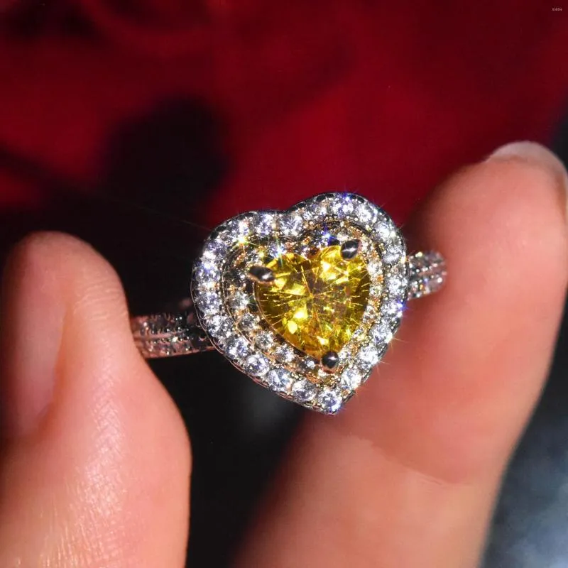 Cluster Rings 925 Silver Luxury Yellow Zircon Heart Open Ring Double Micro Setting Super Shiny Bright Engagement Ladies