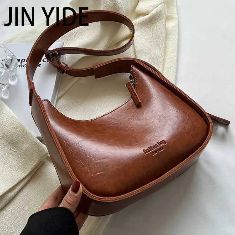 Omuz çantaları jin yiide vintage crossbody çantalar için pu deri yeni 2023 trend moda fermuar düz renk retro el çantaları ve cüzdanlar bolsa