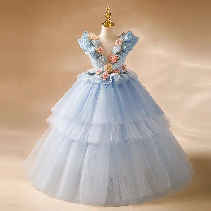 open lace back dress Ice Blue Snowfall Crystal-Embroidered Couture Princess Ball Gown 7-8y