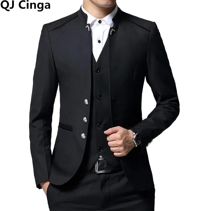 Costumes pour hommes Blazers simple boutonnage col montant costume 3 pièces ensemble hommes robe de soirée de mariage costumes grande taille Blazer manteau pantalon gilet noir bleu rouge 231118