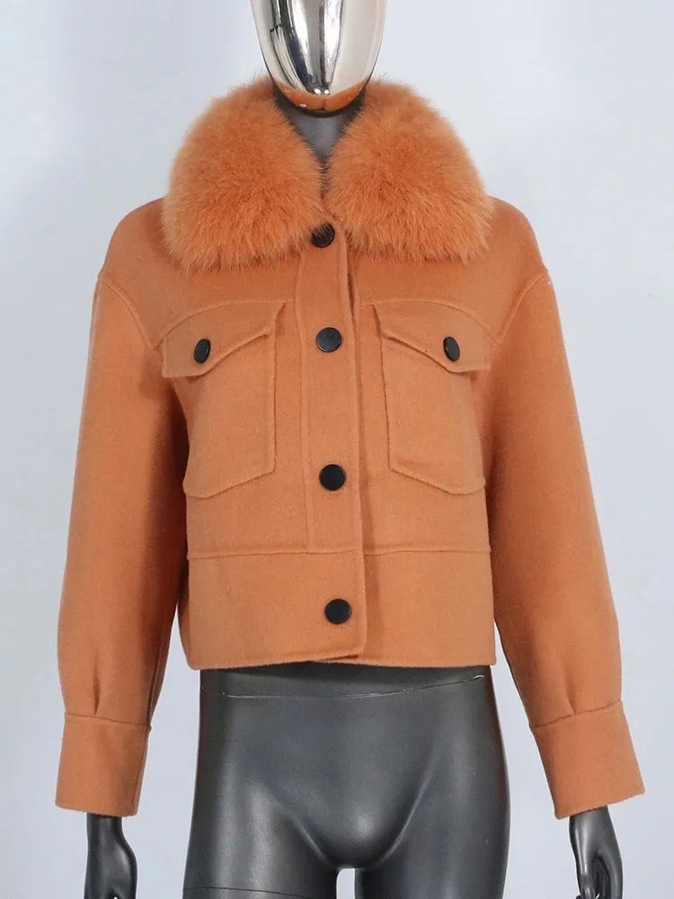 여자 양모 블렌드 CXFS 양모 블렌드 겨울 재킷 여성 진짜 모피 코트 천연 여우 모피 칼라 포켓 짧은 외부웨어 스트리트웨어 패션 231117