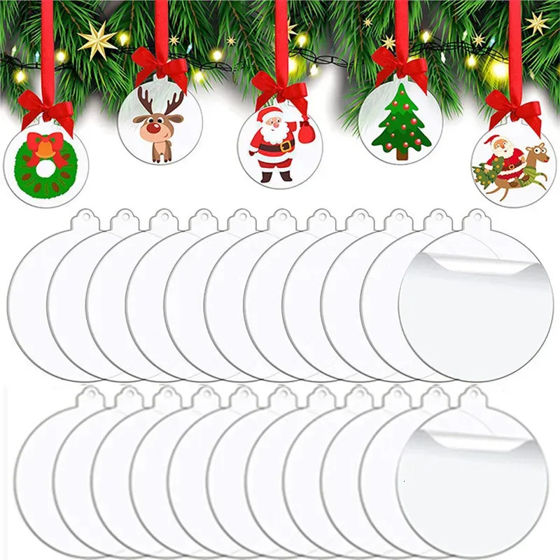 Christmas Decorations 50pcs Acrylic Christmas Tree Ornament Blank Transparent Acrylic Bell DIY Blank Christmas Round Decoration for Xmas Craft Navidad 231117