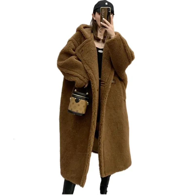 Fourrure femme fausse fourrure 62% alpaga 26% laine 12% soie manteau hiver épaissir Teddy manteau femme manteau ours en peluche manteau avec capuche 231117