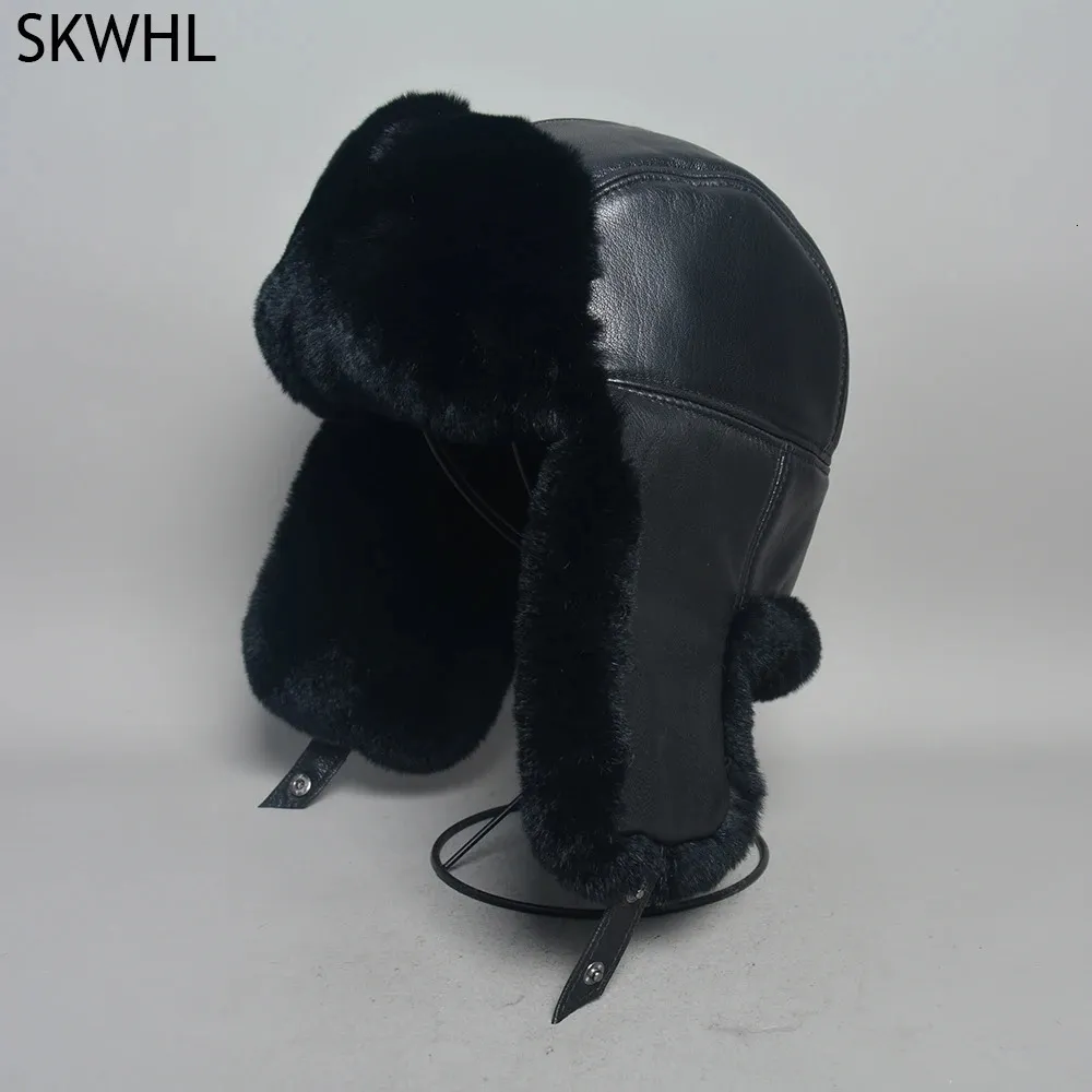 Unisex Sheepskin Leather BeanieSkull Cap With Rex Rabbit Fur