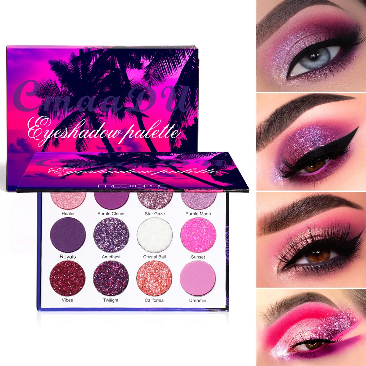 12 Color Eyeshadow Palette Pink Purple Glitter Shimmer Sunset Eye Shadow Pallete Highly Pigmented Party Stage Sparkly Eyes Makeup