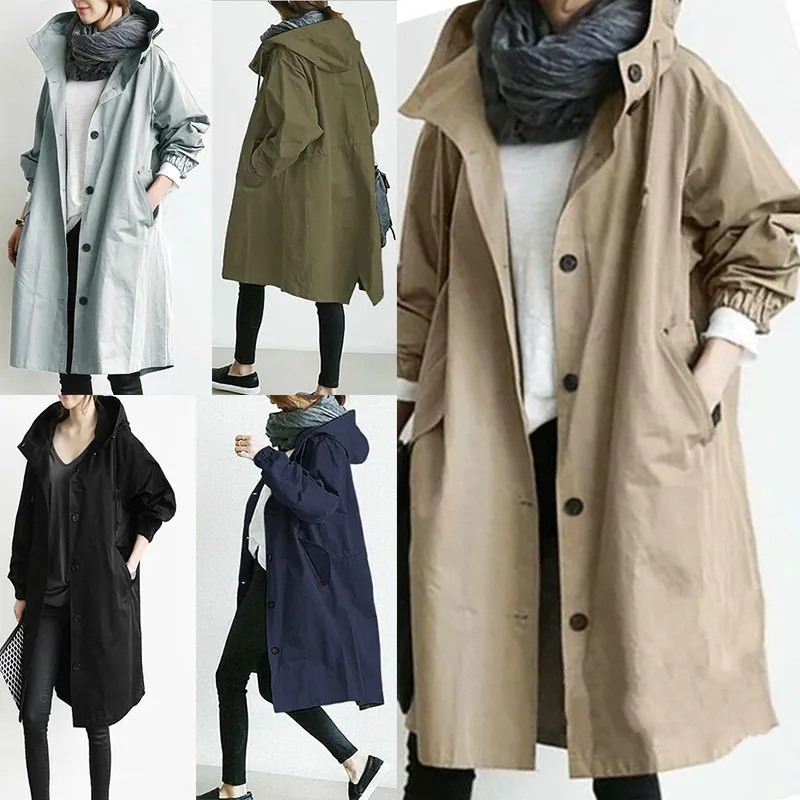 Women's Jackets Women Fashion Trench Coat Spring Autumn Casual Hooded Medium Long Overcoat Loose Windproof Korean Trendy Large Size 230418