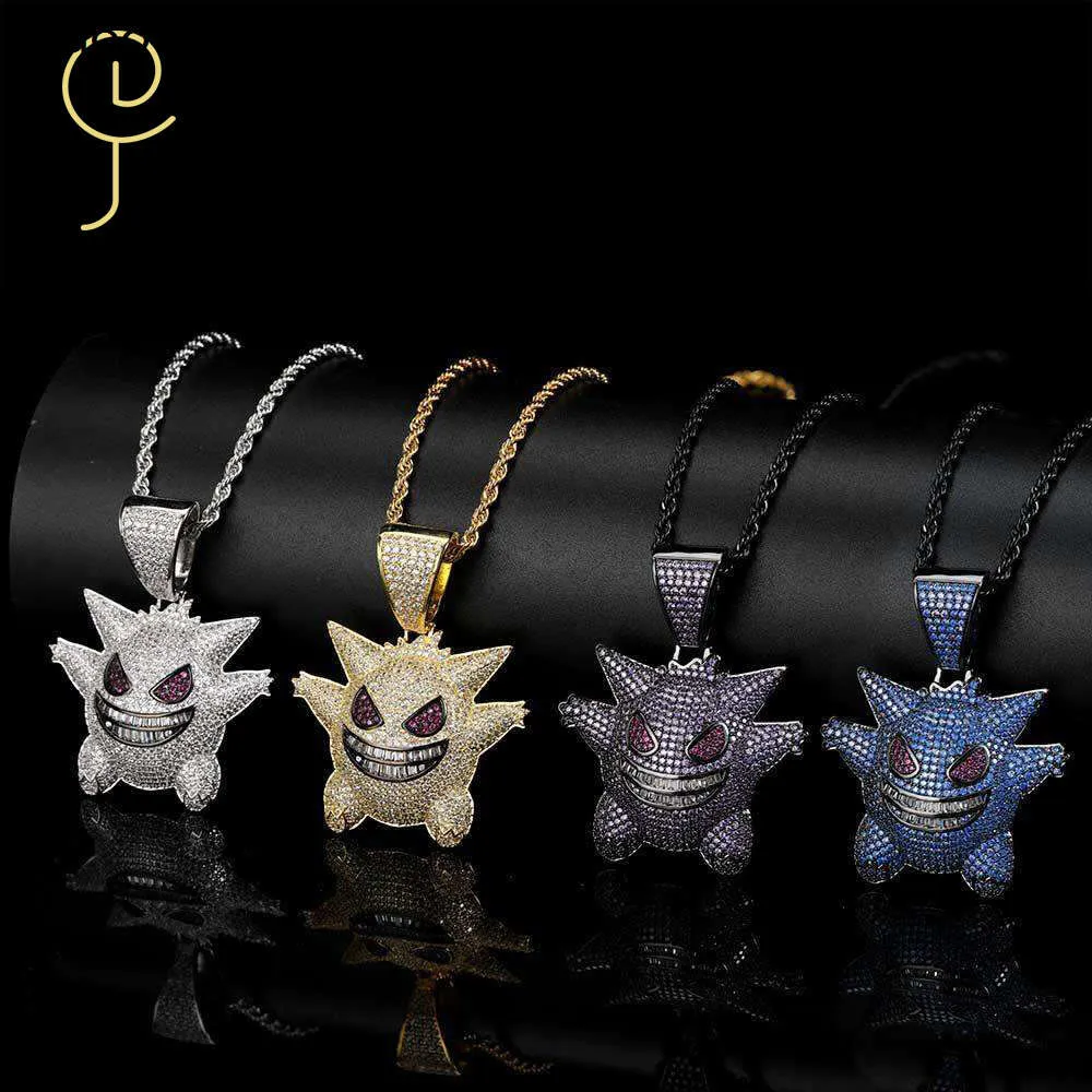 Excellent Jewelry High Quality Diamond Copper Micro Zircon Cute Pet Spirit Gengar Pendant Gold Plated Hip Hop Men Necklace