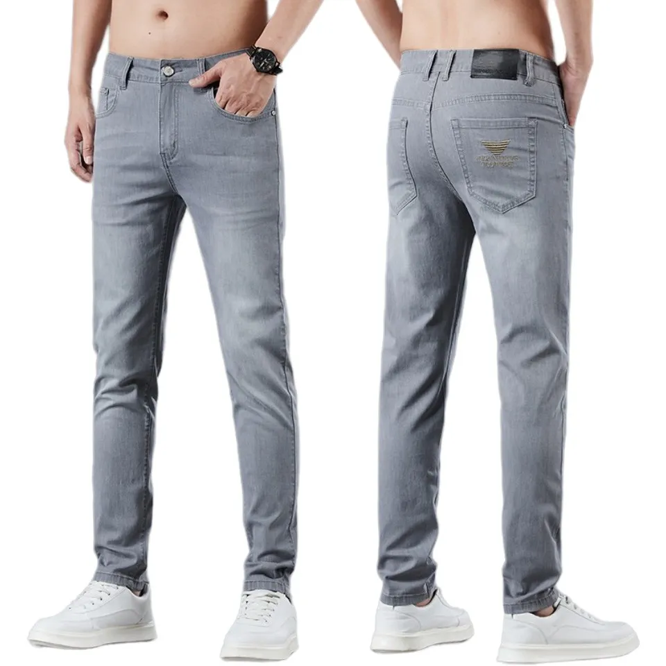 Męskie dżinsy wiosenne lato cienki dżins Slim Fit European American High-end marka małe proste spodnie HX9319-2