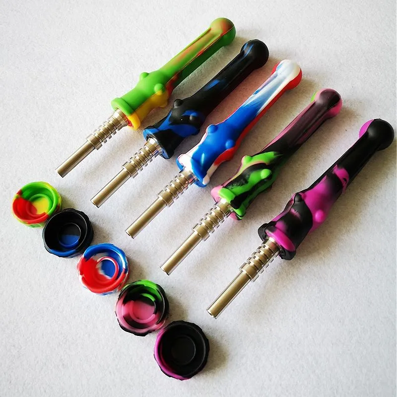 DHL Free Silicone Pipe 14mm Stainless Steel Tip Nector Collector Silicone Dab Container NC Nector Collectors Pipes Dab Straw Oil Burner Rig