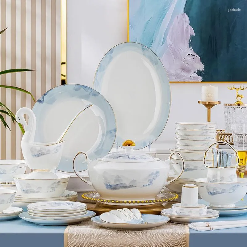 Dinnerware Sets Jingdezhen Light Luxury Wind Bowl And Dish Set Household Bone Porcelain Tableware Bowls Chopsticks Dishes Complete