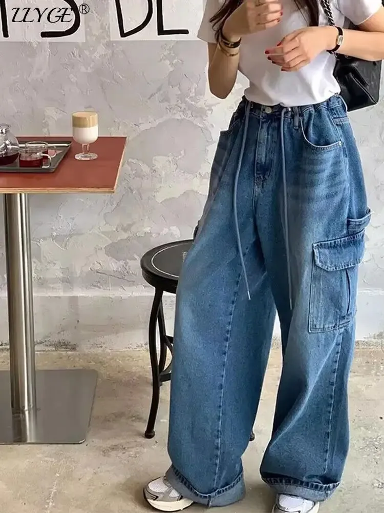 Women's Jeans Korean Drawstring Big Pocket Jean Loose Overalls Cowboy Wideleg Pants Autumn Fashion Lady Casual Denim Trousers 231117