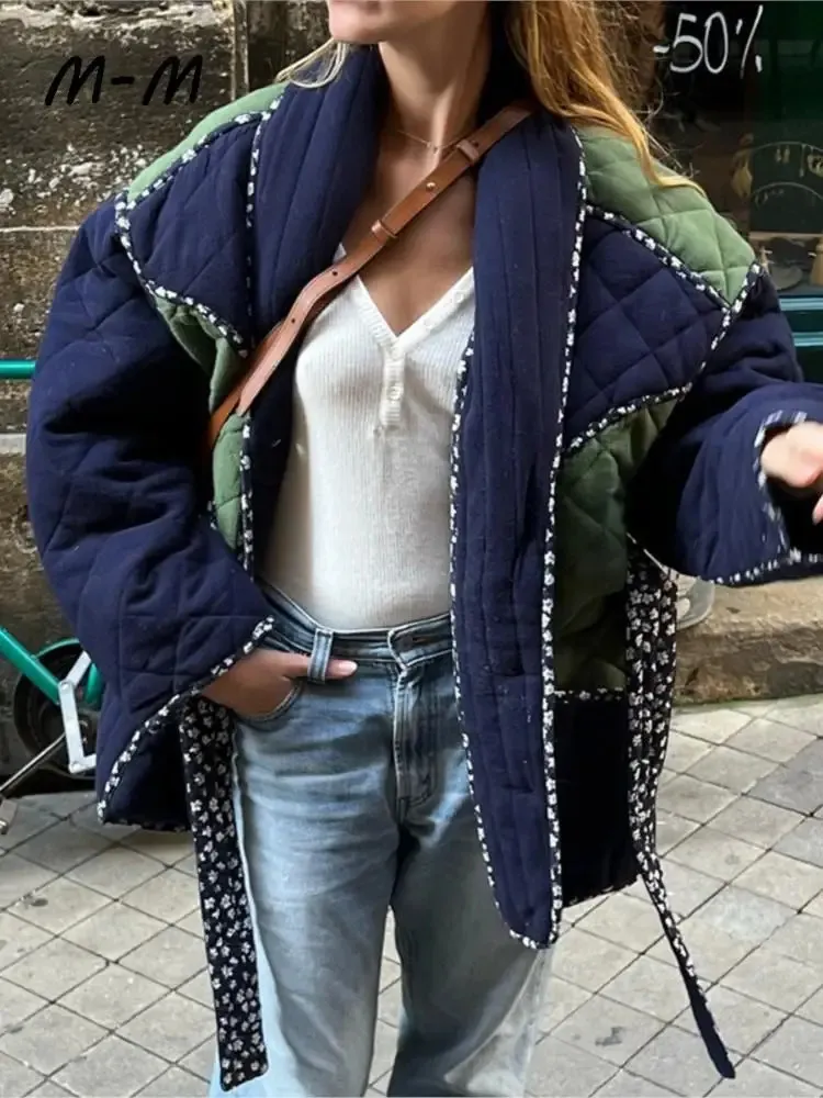 Kurtki damskie jesienne zimowe kontrast patchwork bawełniany z nadrukiem koronkowy luźny płaszcz pościeli swobodny kieszonkowy odzież 231118